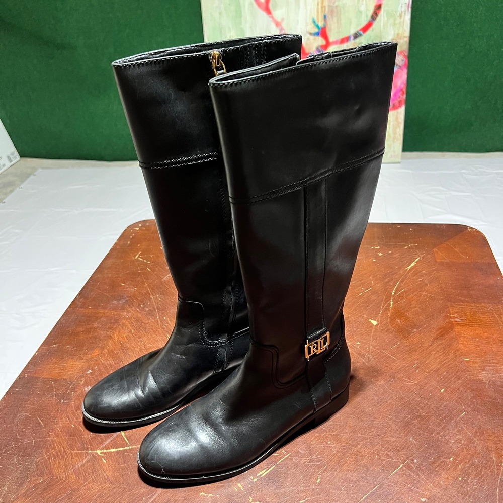 Lauren Ralph Lauren Berdie Black Leather Riding Boots Gold LRL Monogram 9B